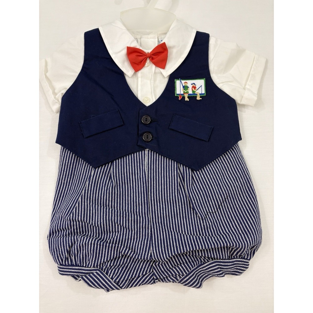 Vintage Nannette Outfit Suit Plaid Vest Bowtie 3-6 Months Blue Red Fishing Theme